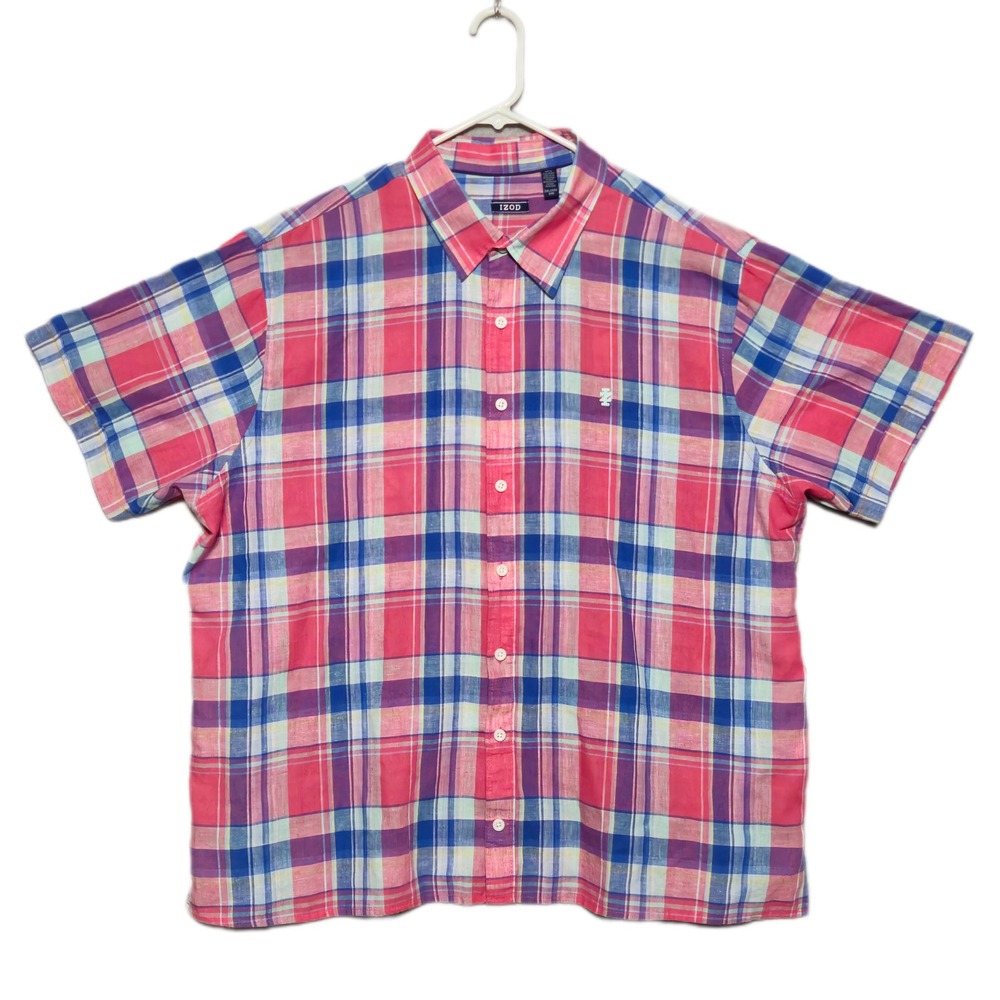 Izod Madras Linen Blend Shirt Mens 2XL Short Sleeve Pink Blue Plaid Casual XXL